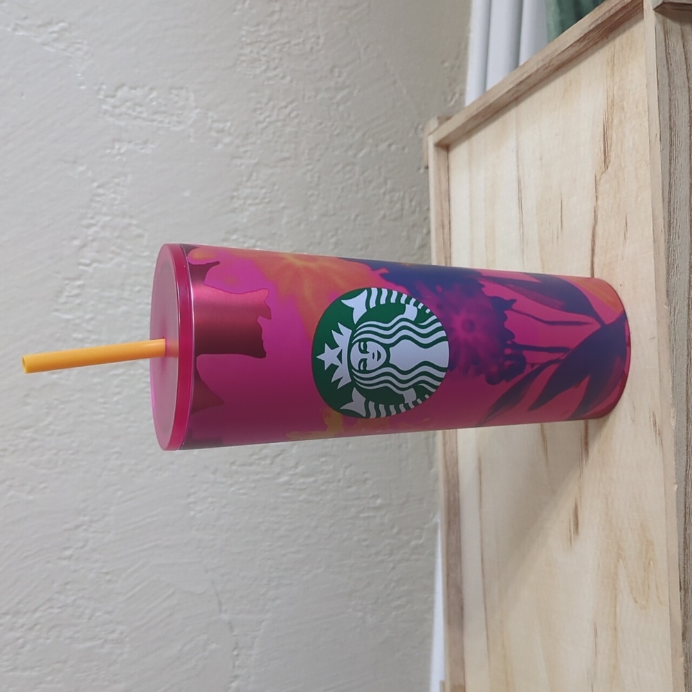 Starbucks Cold Iced Tumbler Metal Coffee Cup 24oz Straw Pink Orange Flowers